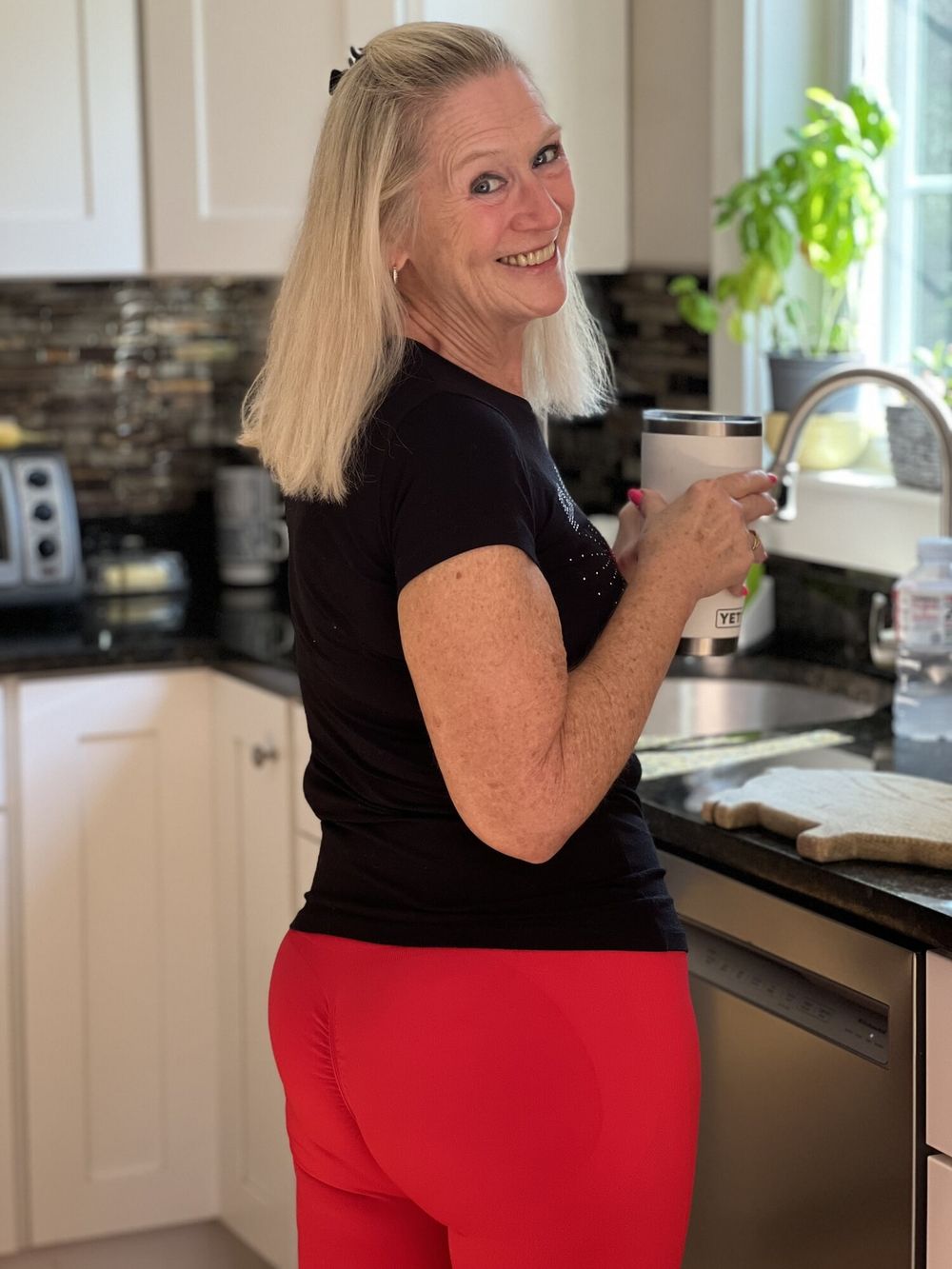 66 Year Old Gilf Red Leggings &amp; Black Top  #4