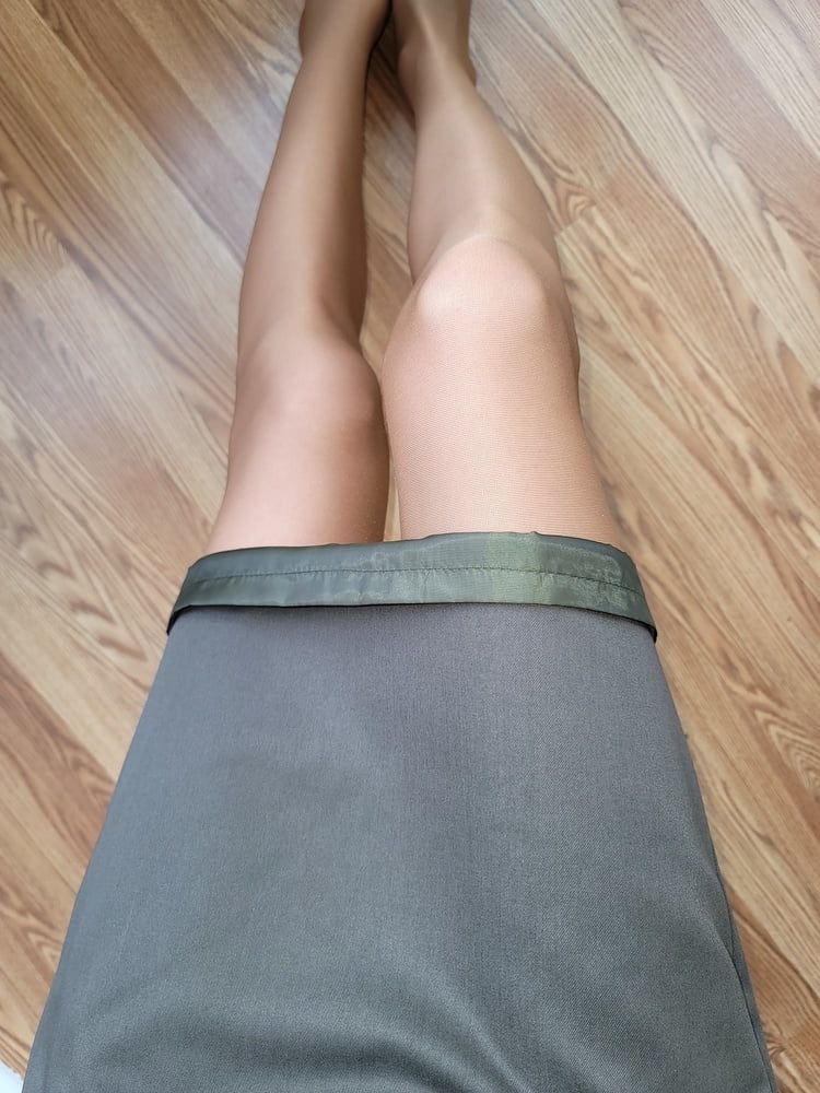 Lined green office pencil skirt with glossy pantyhose  #25