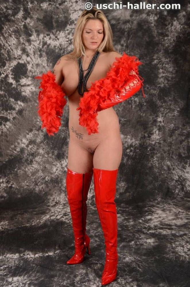 MILF Arabella May in red high boots, gloves & feather boa #10