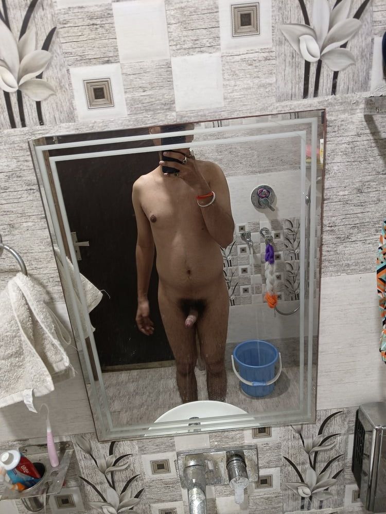 Nude boy having fun in bathroom  #6