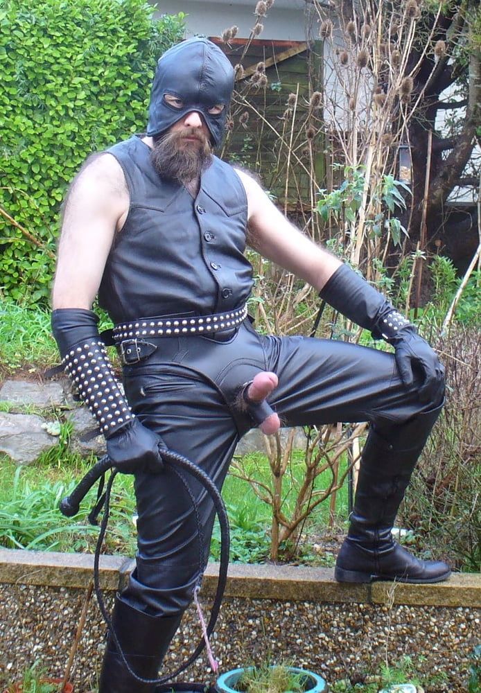 Leather Master in cock harness, boots and hood #12