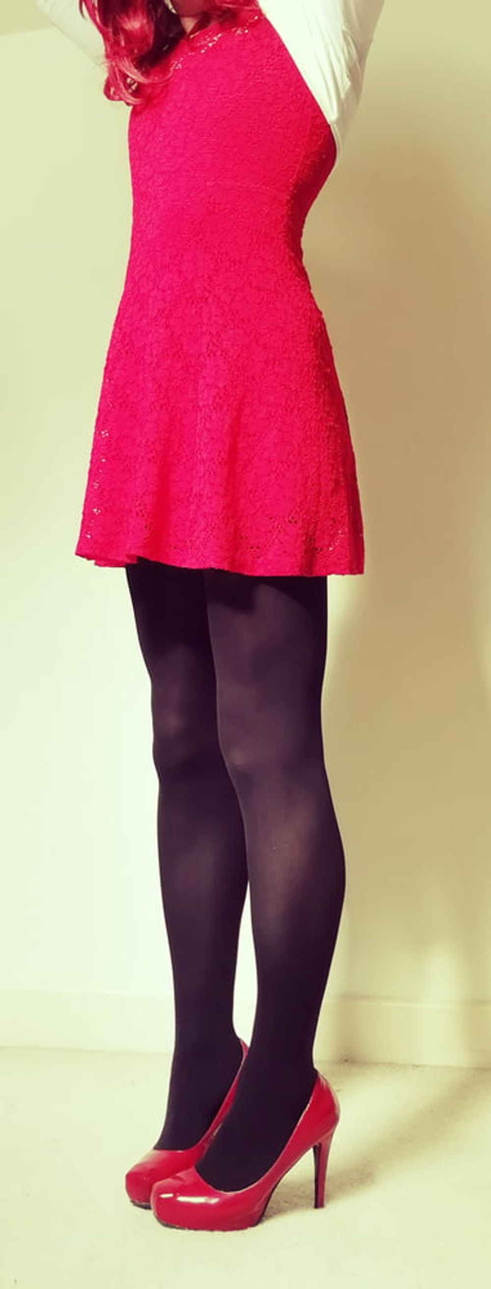 Marie crossdresser in red dress and opaque tights #18