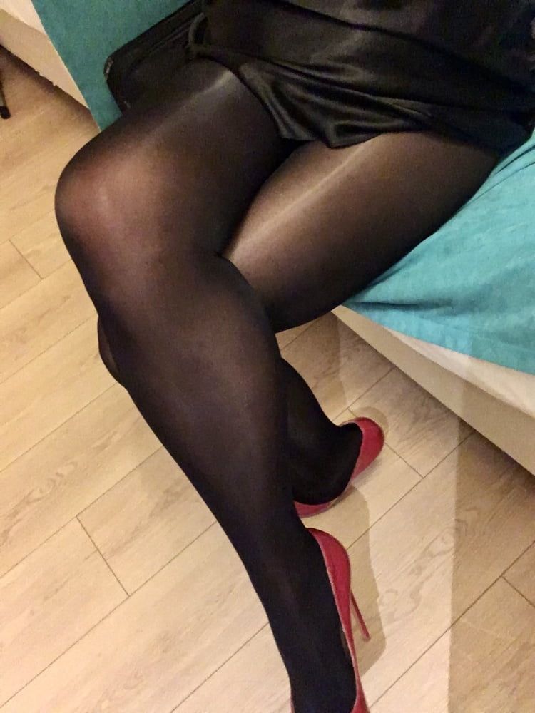 Shiny Black Tights & Red Heels #8