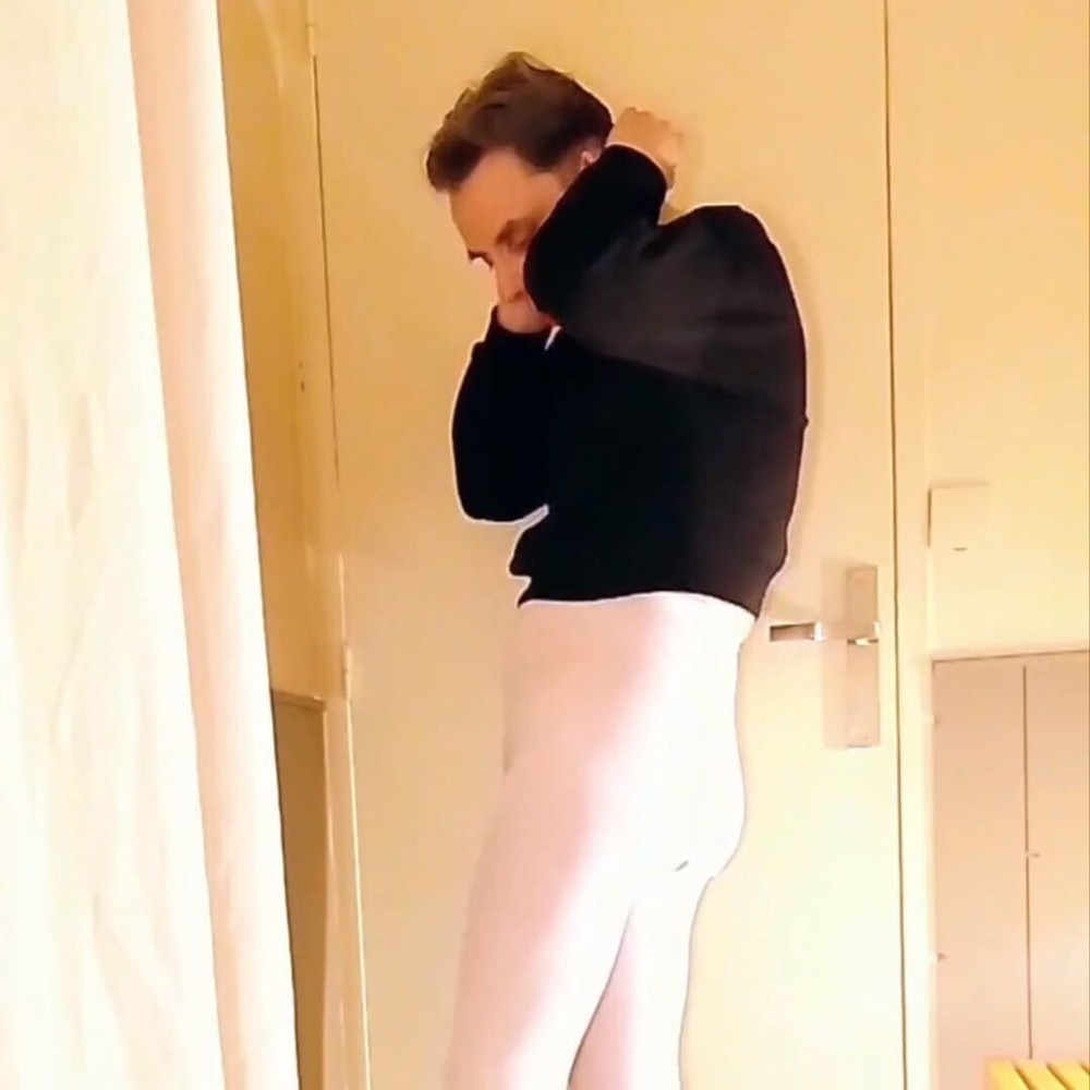 Cock stroking and anal play in white open pantyhose #29
