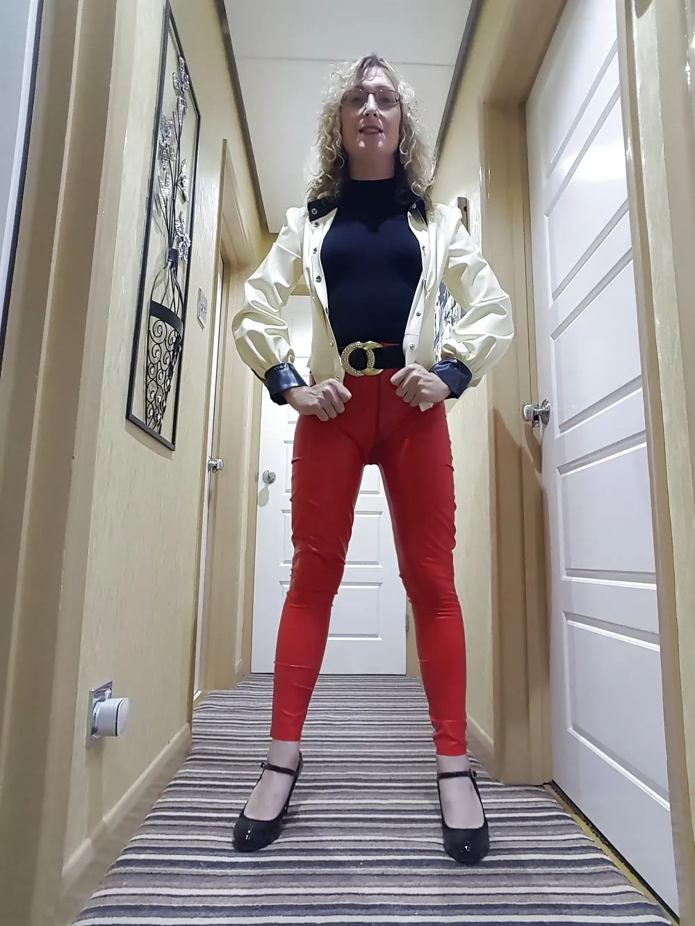 White latex jacket and red latex trousers