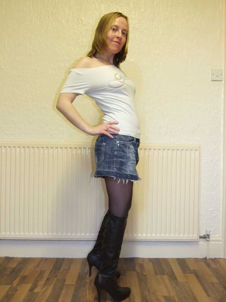 Pantyhose Denim Miniskirt tight top and Boots #11
