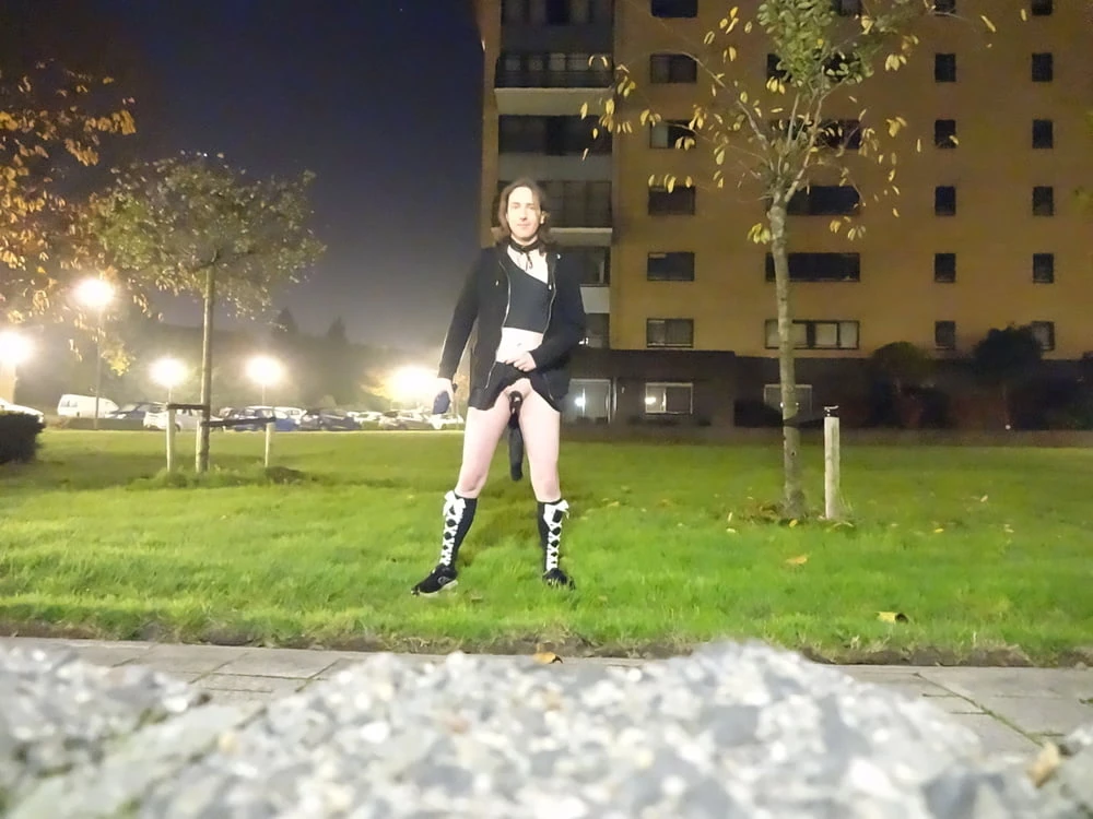A nice walk outside in my chastity cage and tail plug #35