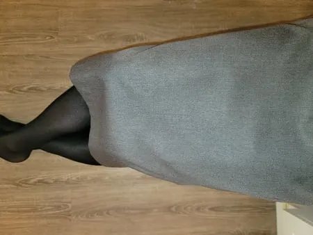 grey pencil skirt with black silky half slip         