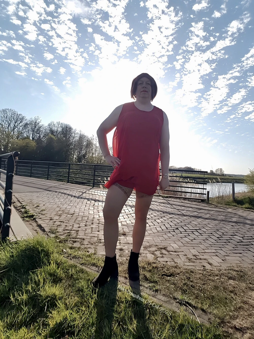 Nicki-Crossdress sexy red Chiffon-Dress Outdoor  #3