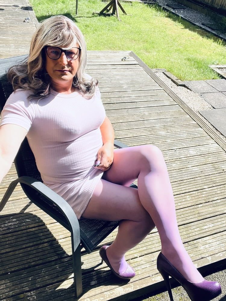 Crossdresser Kellycd in lilac dress and seamless pantyhose  #3