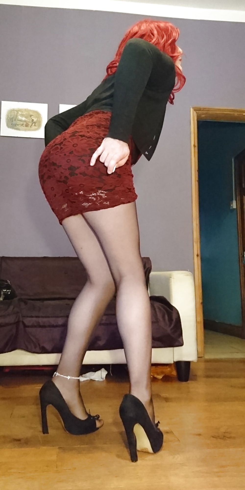 Marie crossdresser in red lace dress and sheer pantyhose #5