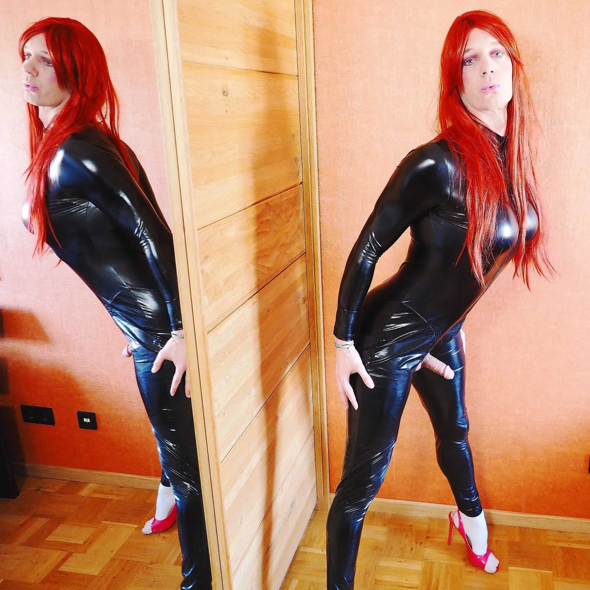 Redhead Crossdresser in Catsuit showing off #11