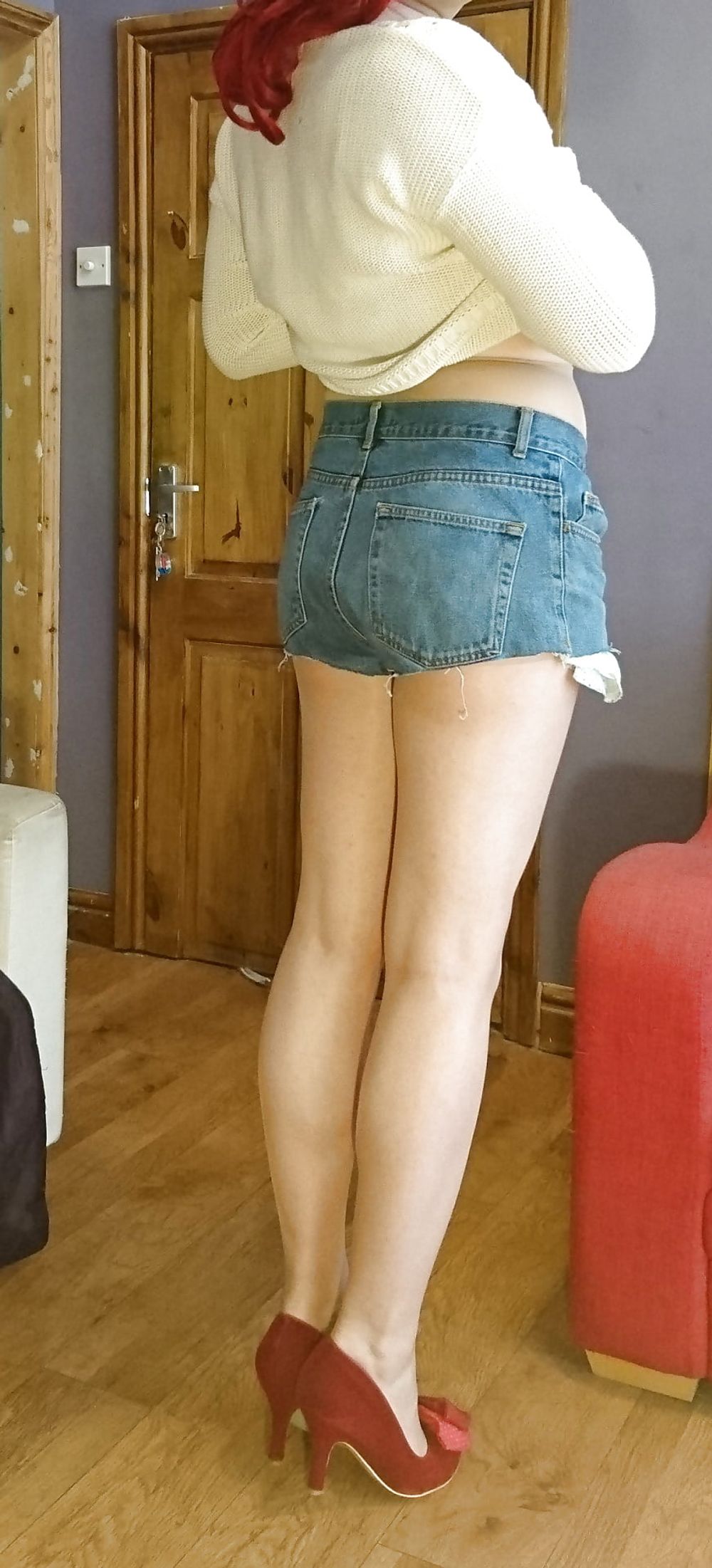 Marie crossdresser denim cut-offs and nude pantyhose #23