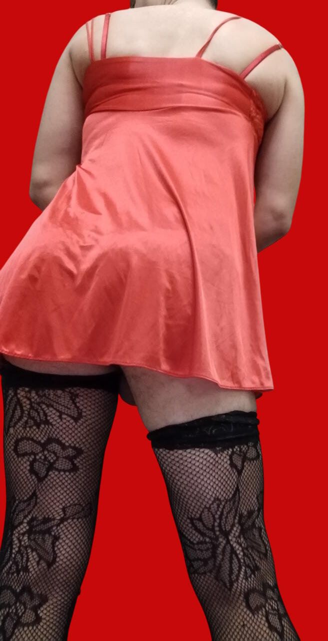 Crossdresser posing in red sexy lingerie with chooks #12