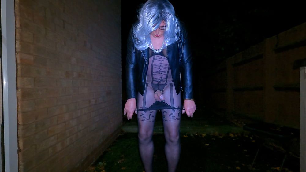 Crossdresser Kellycd masturbating in black bodysuit outdoor  #41