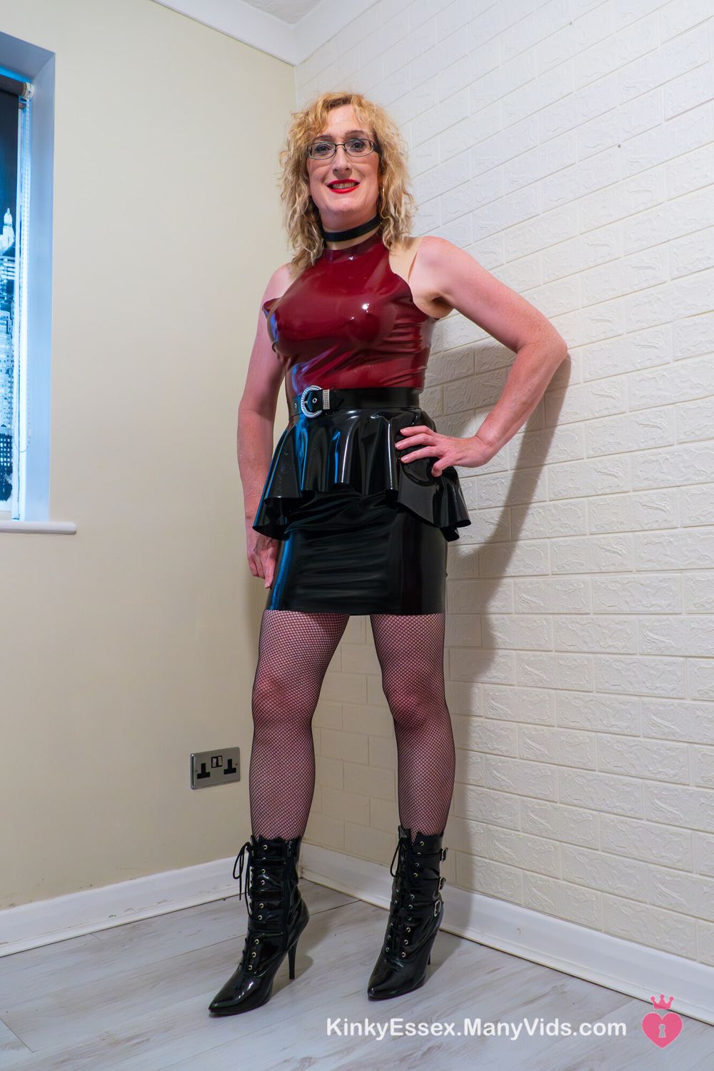 Colour Latex Dress, Boots and Fishnets on British Milf