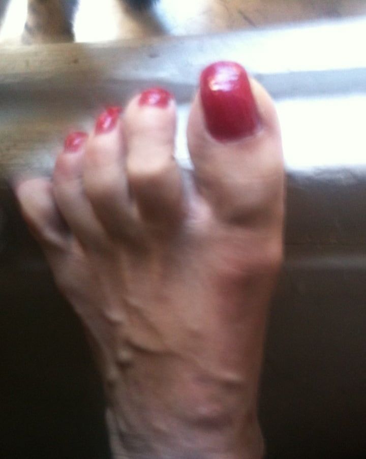 red toenails mix (older, dirty, toe ring, sandals mixed). #6