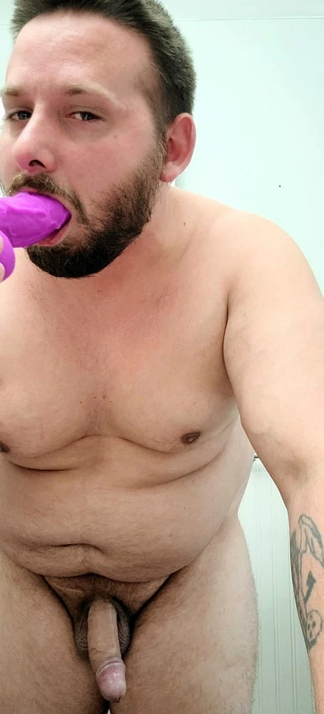 Small dick Dad bod Bear Rides large anal dildo  #2