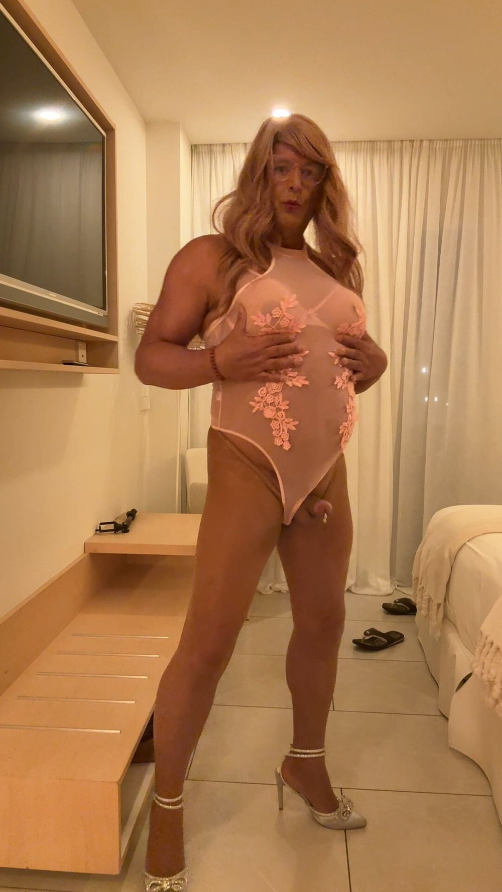 Sexy Crossdresser kellycd2022 in pink bodysuit and pantyhose #43