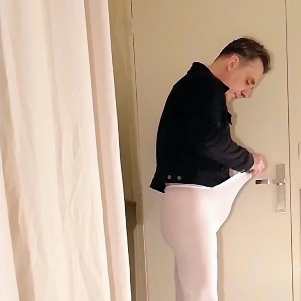 Cock stroking in white open pantyhose #4