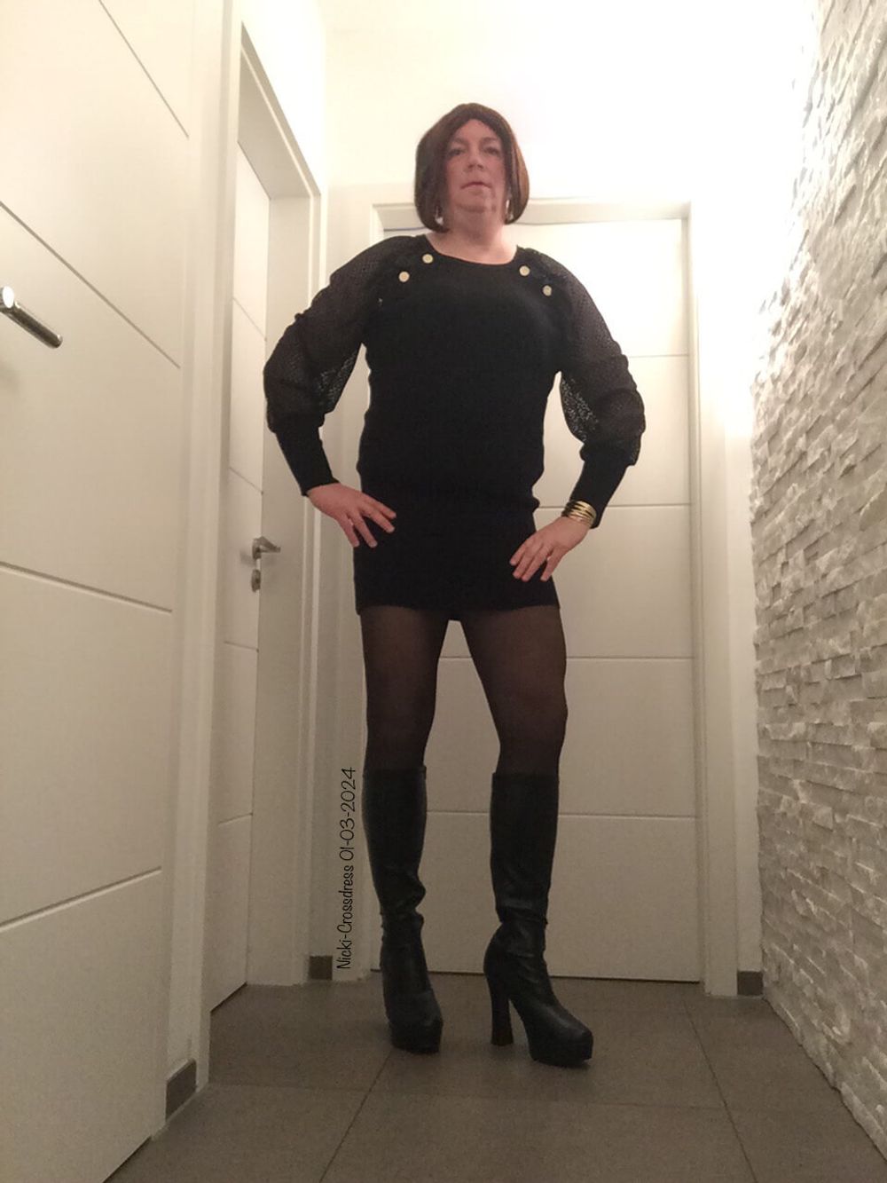 Nicki-Crossdress sexy black Mini-Dress, Tights &amp; Boots #2