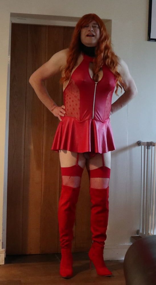 transgender in red lingerie and red thigh boots #5