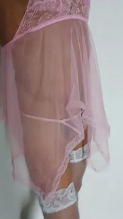 transparent pink nightie white stoking high heels         