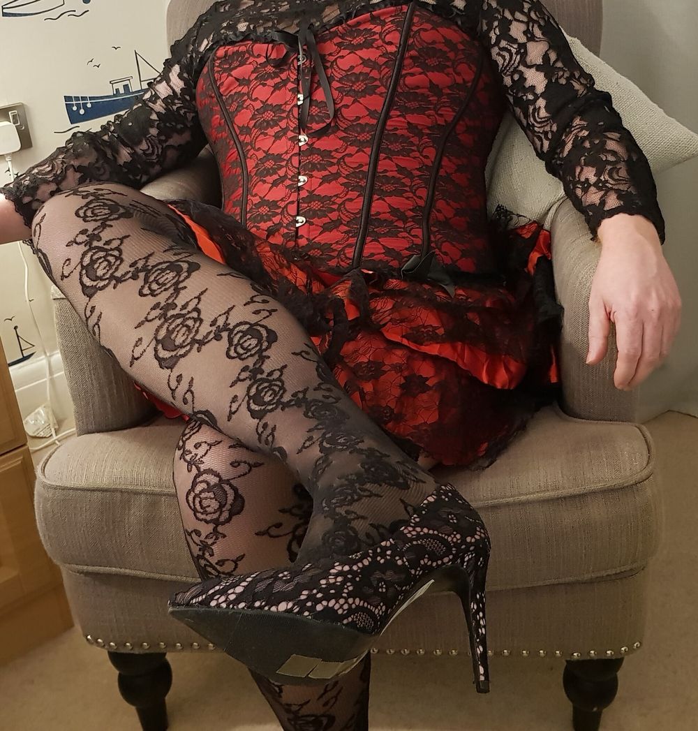 Crossdressing in floral lace lingerie, skirt and heels #10