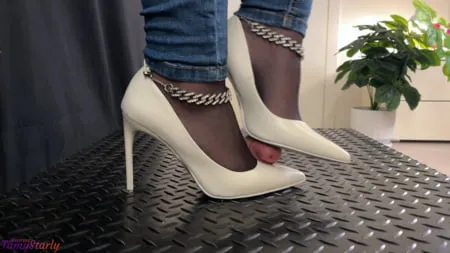 white heels crush and stomp bootjob shoejob ballbusting         