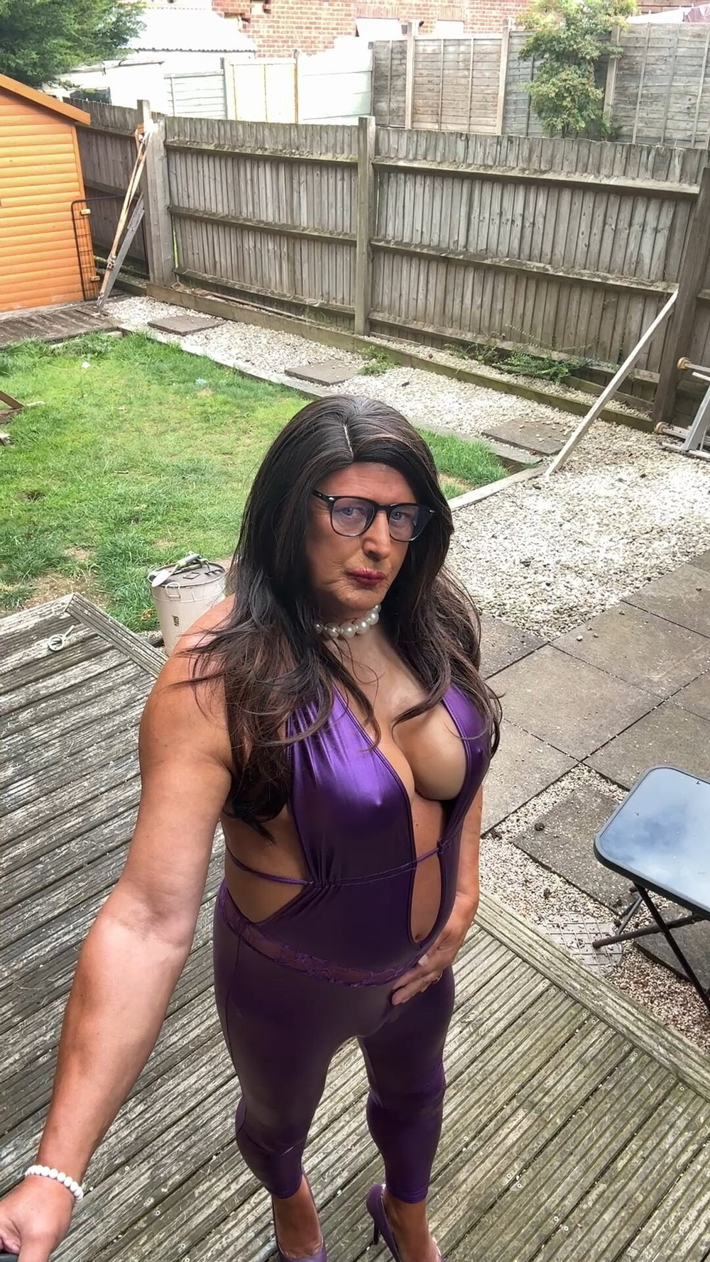 Sexy Crossdresser kellycd2022 in purple pvc catsuit and heel #5