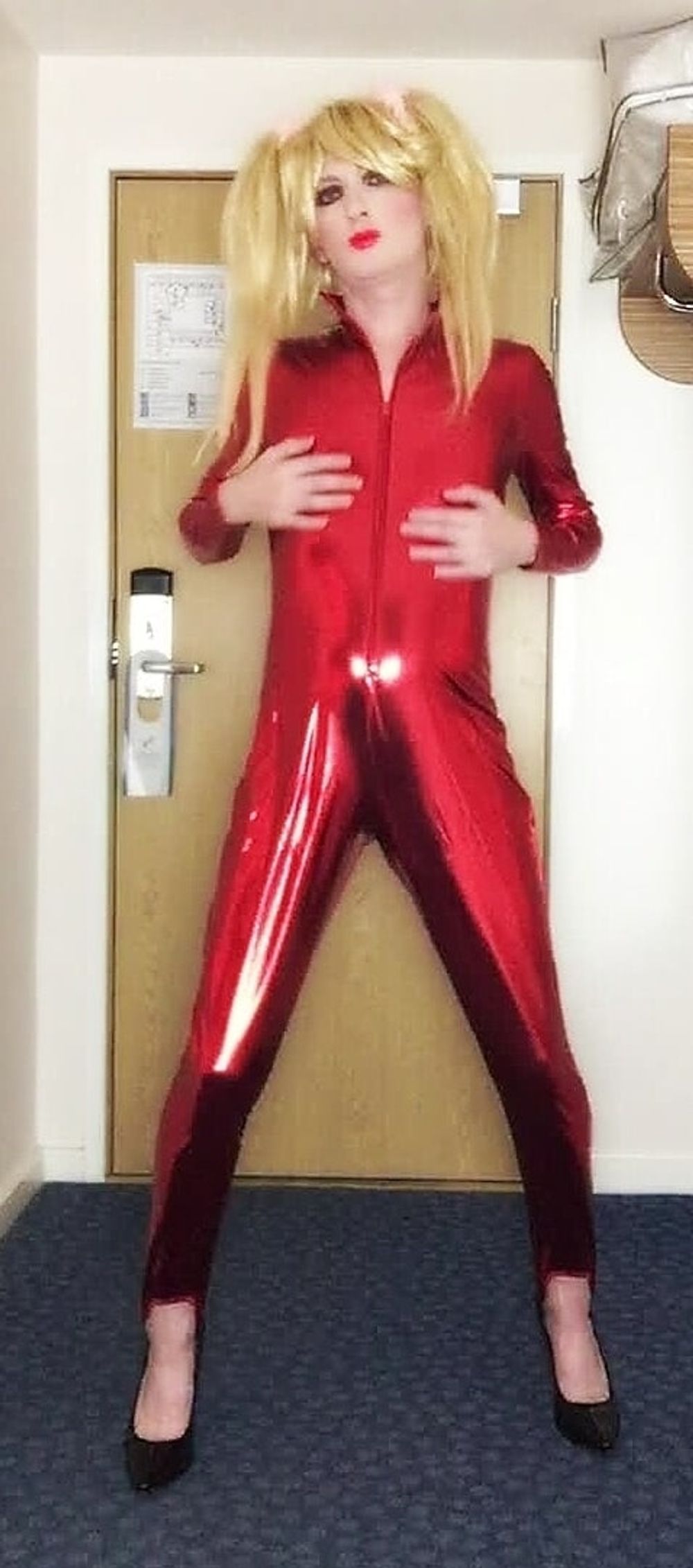 Sissy red shiny catsuit #22