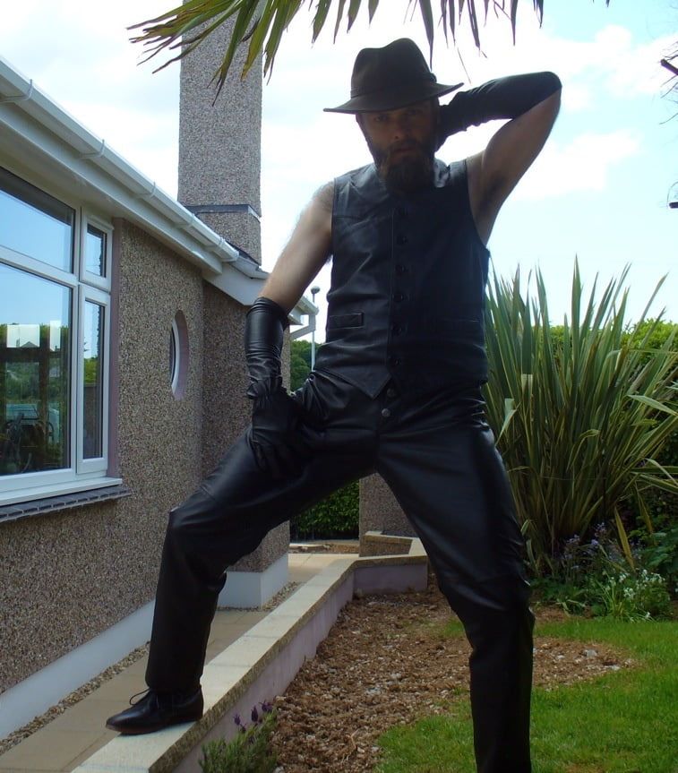Leather Master outdoors posing in full leather #3