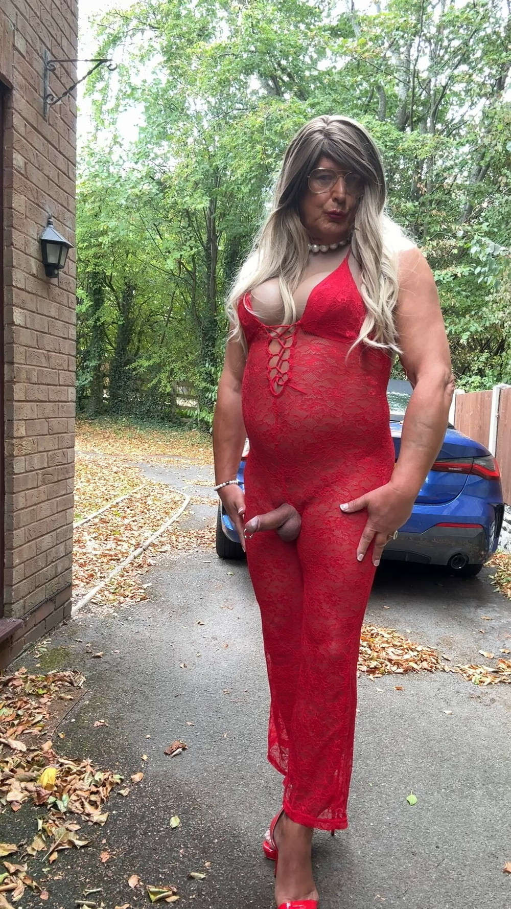 Sexy Crossdresser kellycd2022 in red lace jumpsuit and heels #52