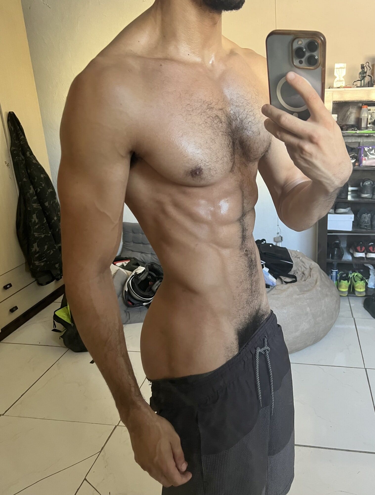 Sweaty fitness male body after running
