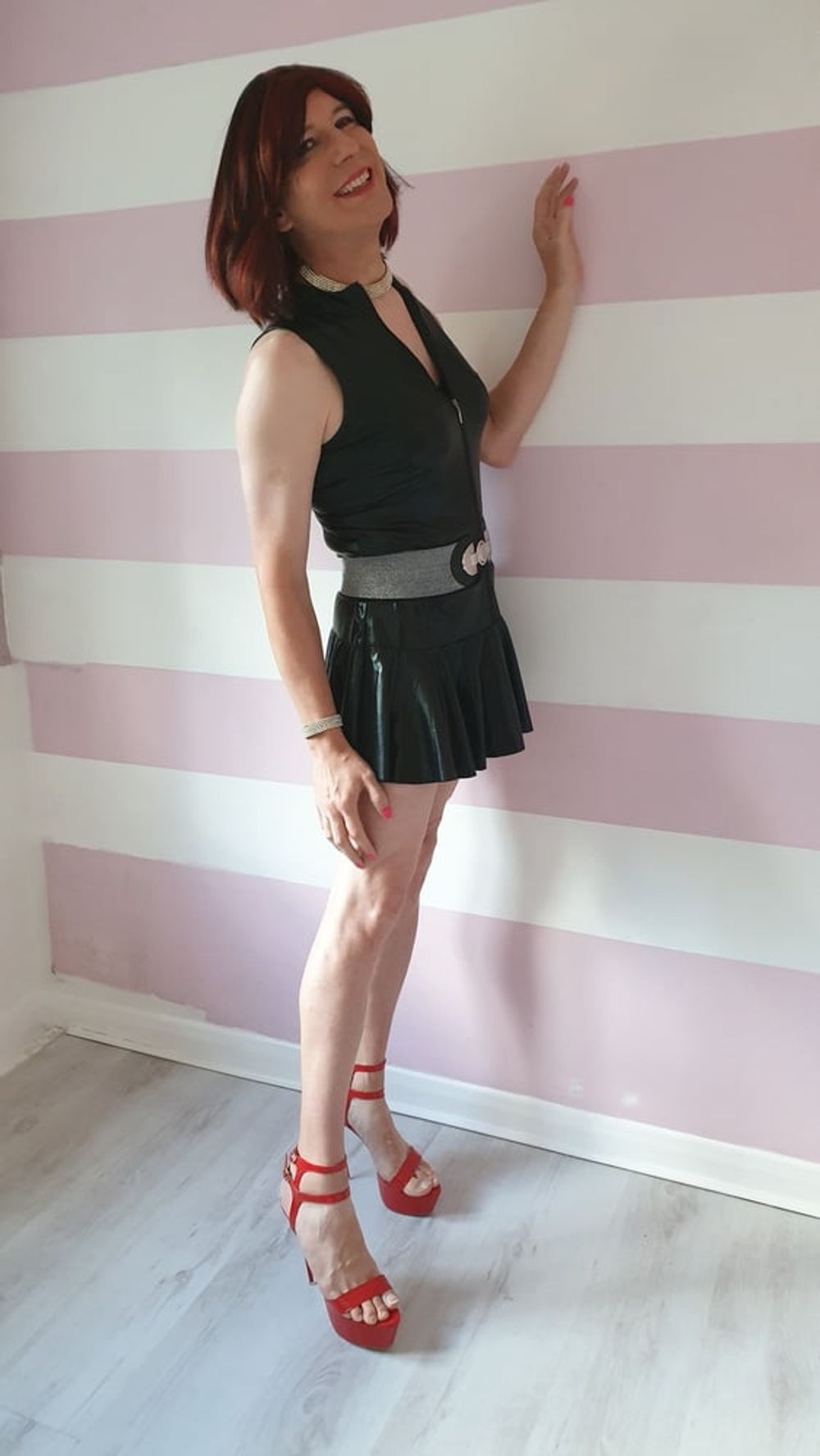 Sissy lucy showing off in wet look skater dress and chastity #4