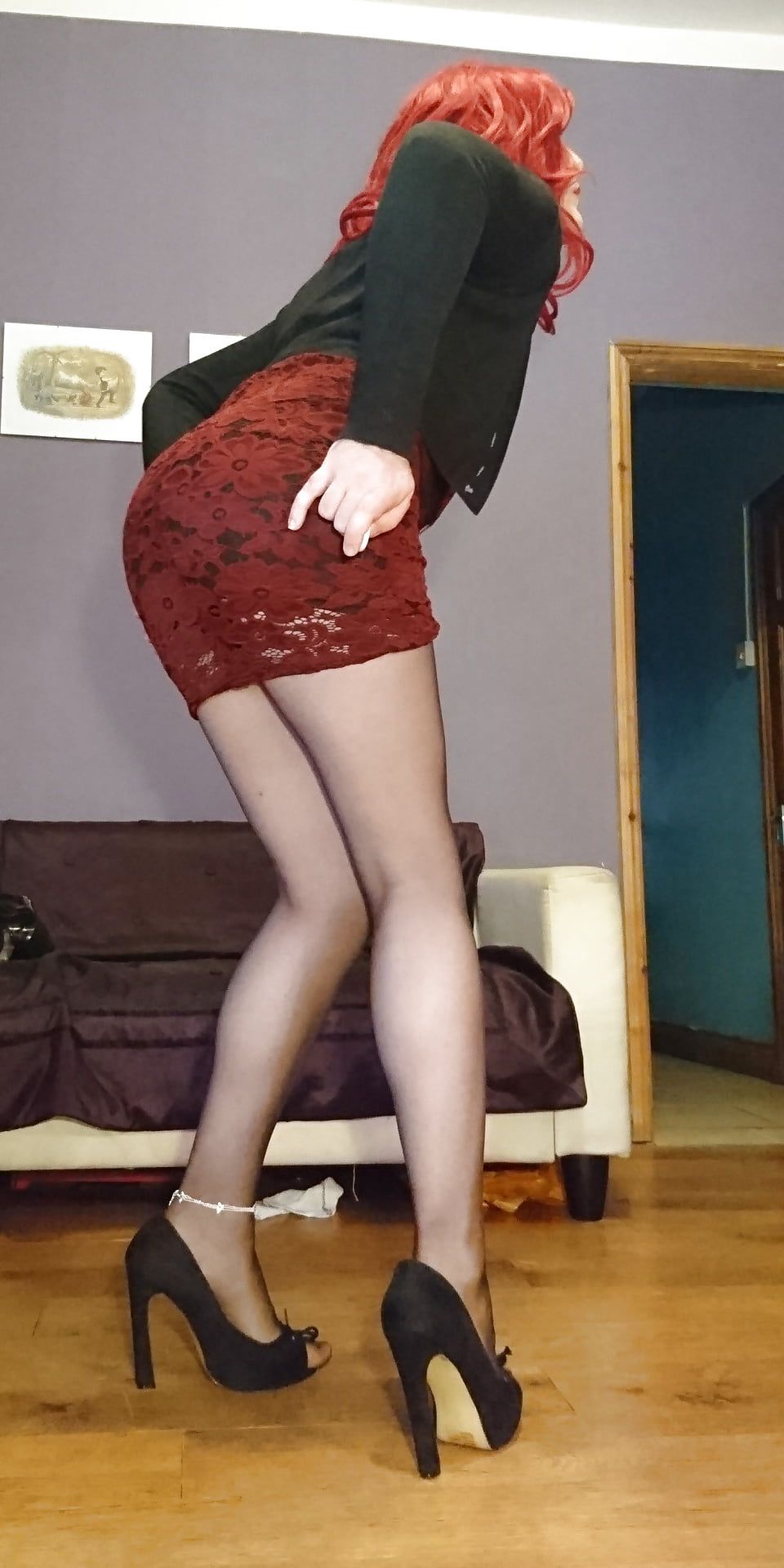Marie crossdresser in red lace dress and sheer pantyhose #5