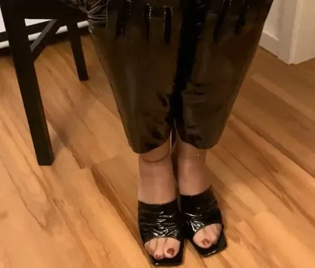 vinyl leggings and high heel mules         