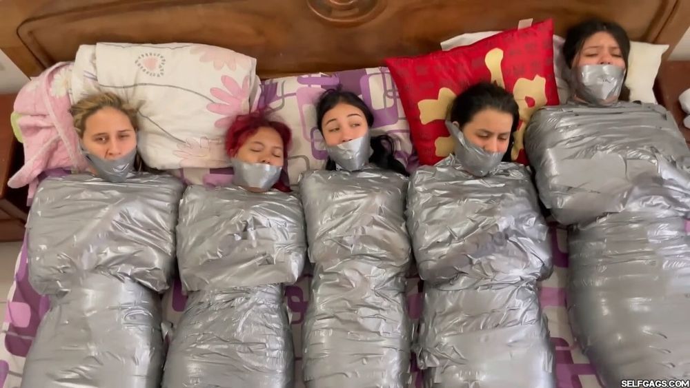 5 Mummified Girls Barefoot In Duct Tape Bondage #3