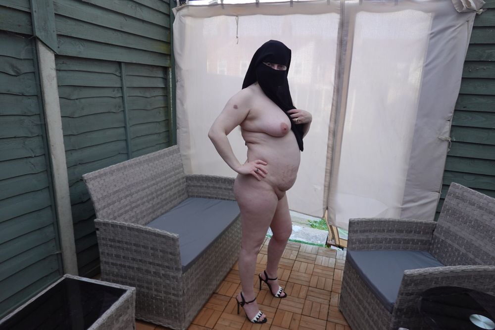 Curvy Wife Niqab naked in high heels #7