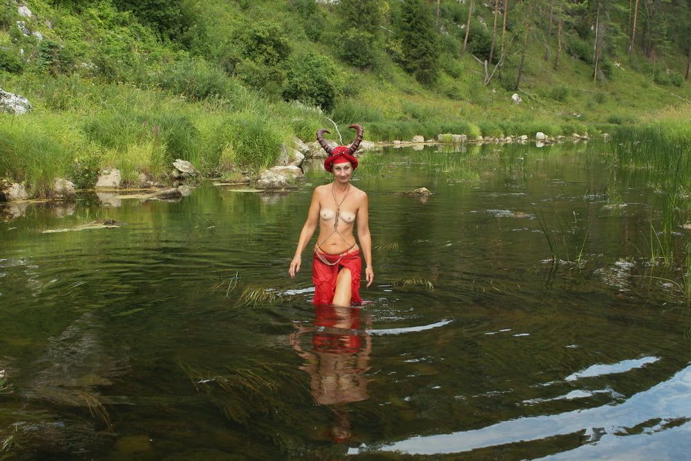 With Horns In Red Dress In Shallow River #4