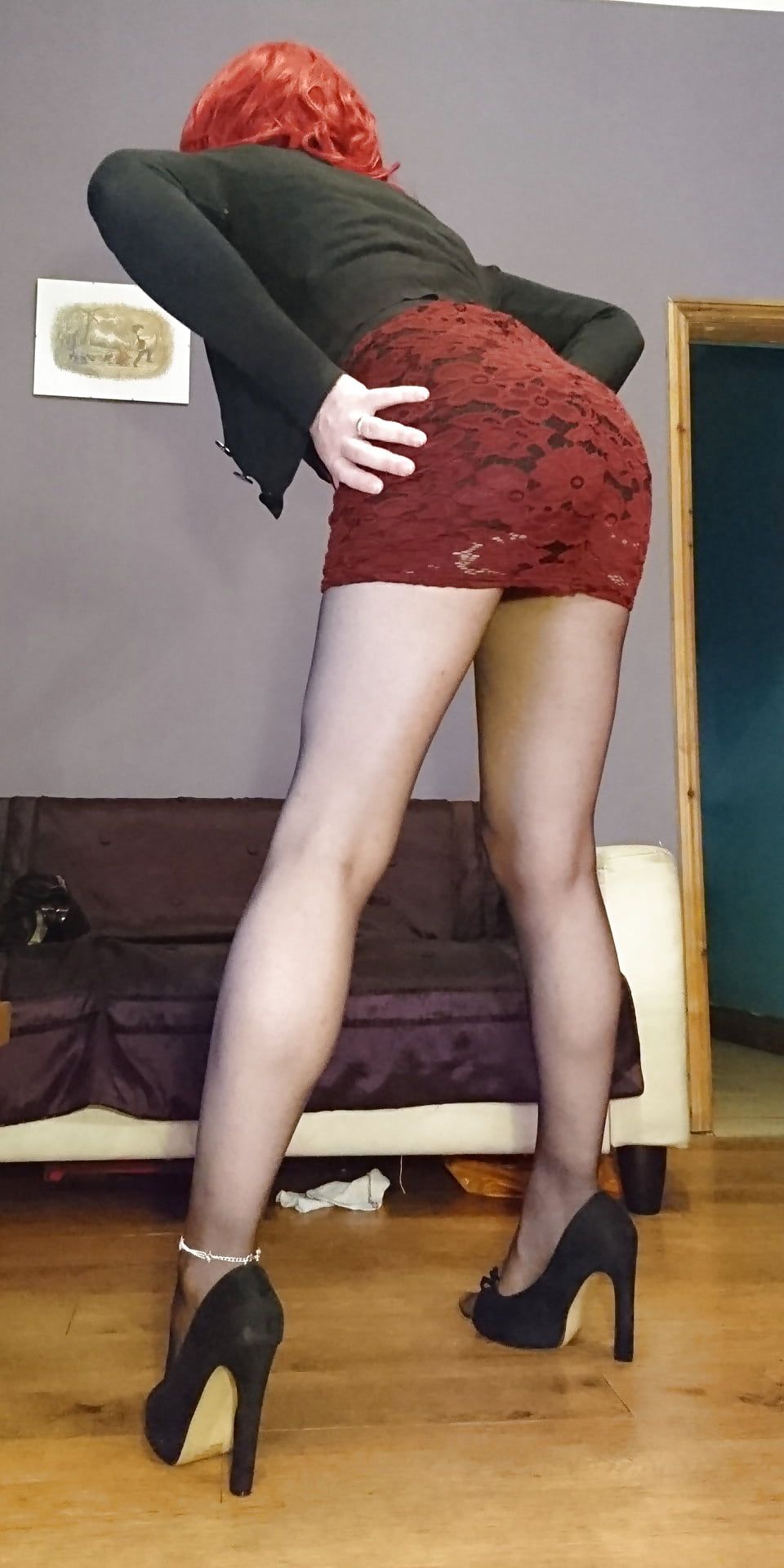 Marie crossdresser in red lace dress and sheer pantyhose #11