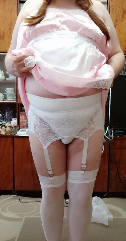 Sissy maid posing in white stockings #24