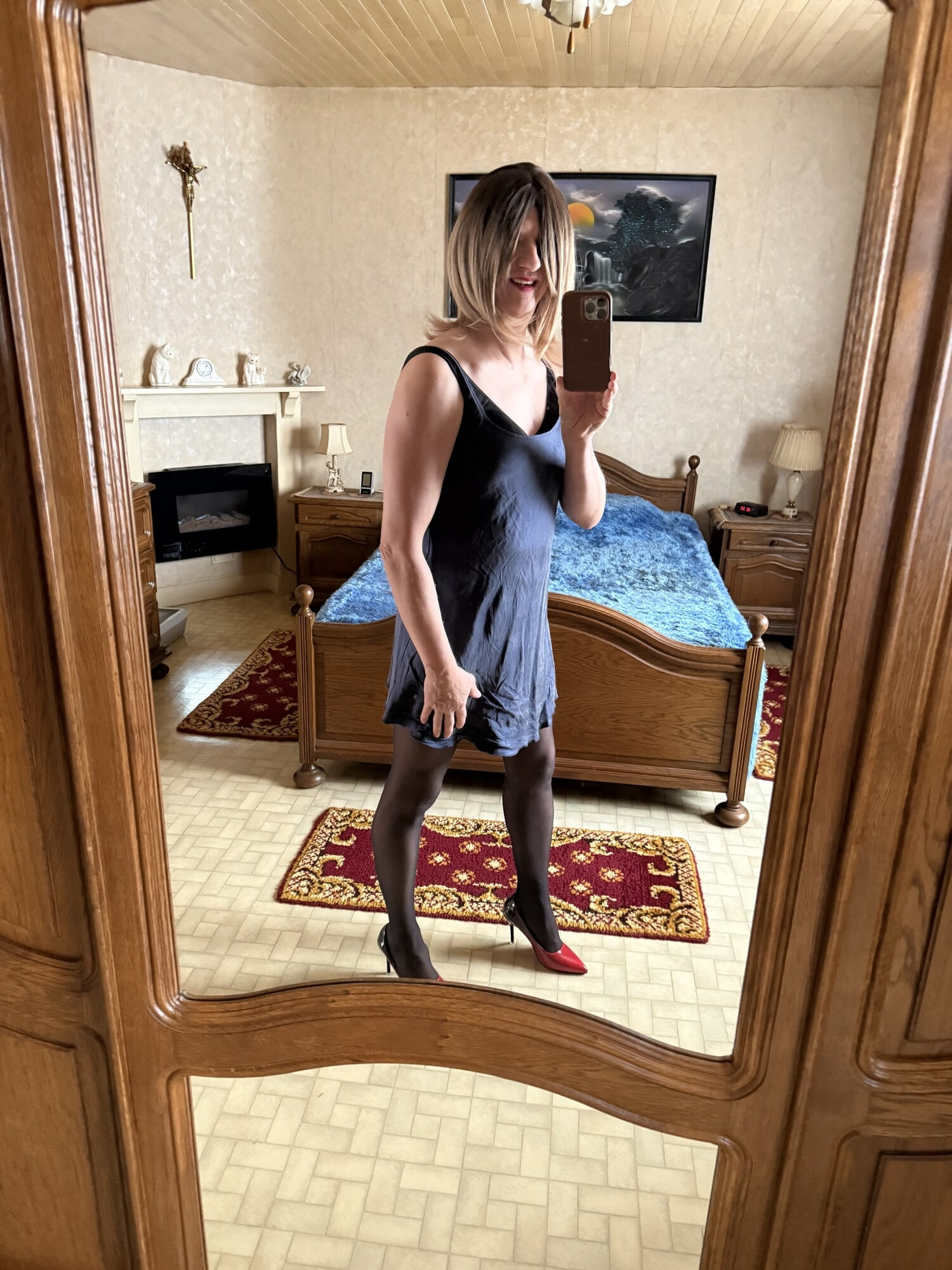 Evy finally as a blonde wearing a short blue nightgown #3