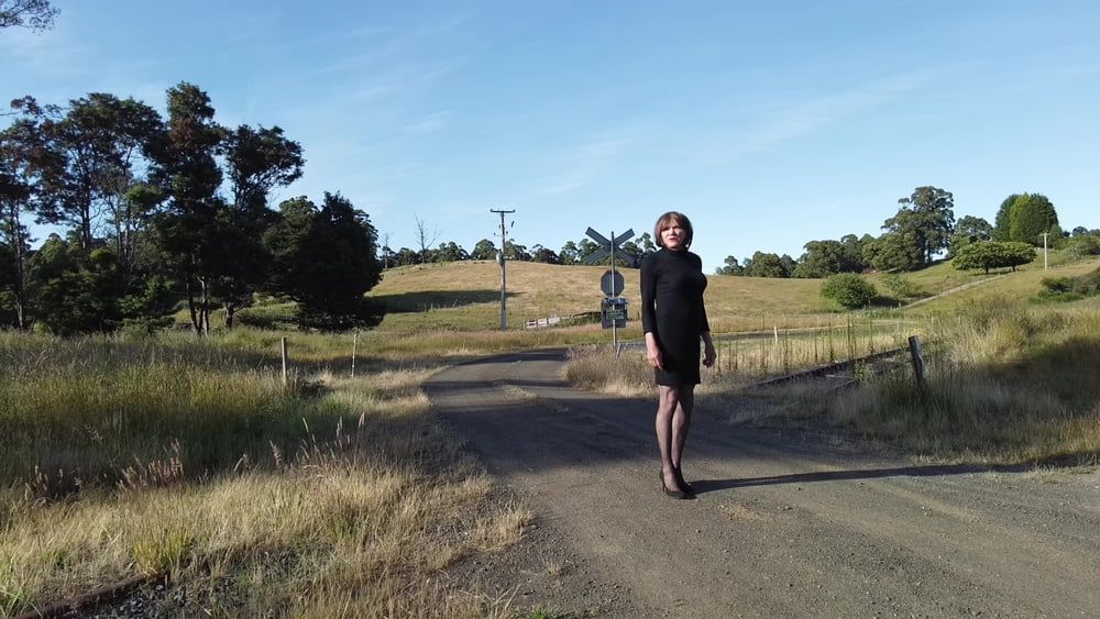 Crossdress Road trip- Rural road -Black Dress