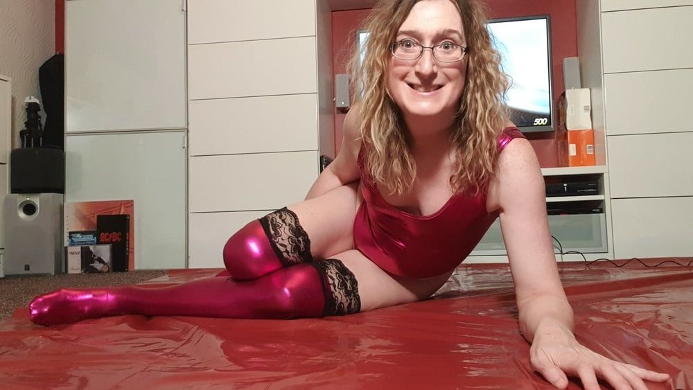 Red Shiny Spandex Leotard and Leg Warmers #9