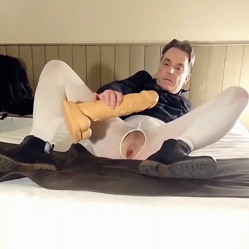 Dildo riding and ass fingering in open white pantyhose #24