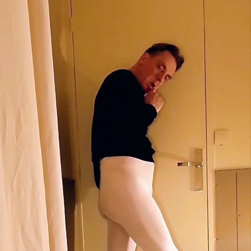 Cock stroking and anal play in white open pantyhose #25
