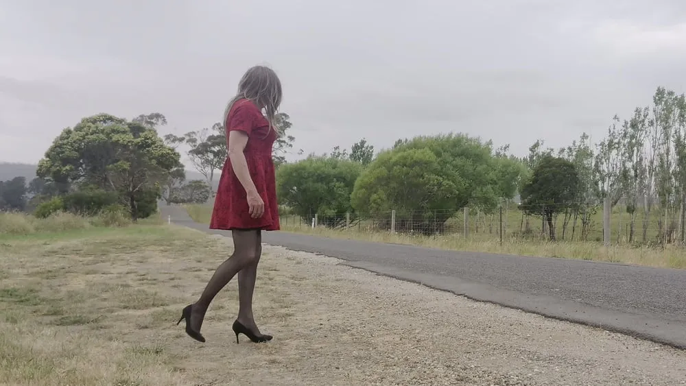 Crossdress road trip red dress #12