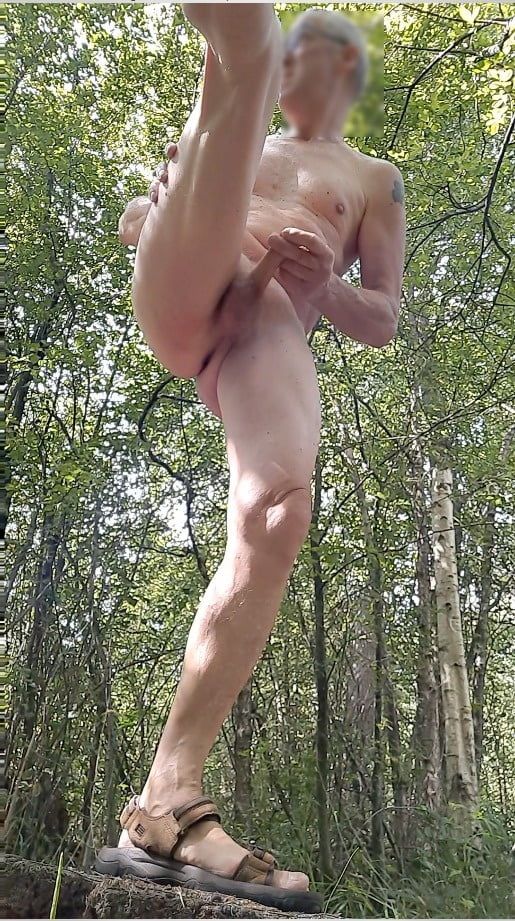 naked exhibitionist jerking in public outdoor woods with cum #15