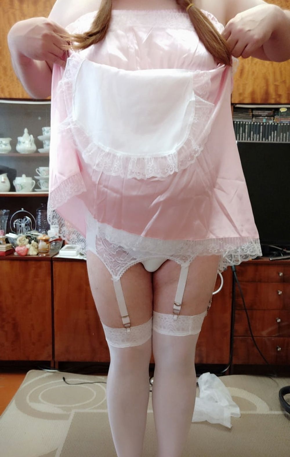 Sissy maid posing in white stockings #28